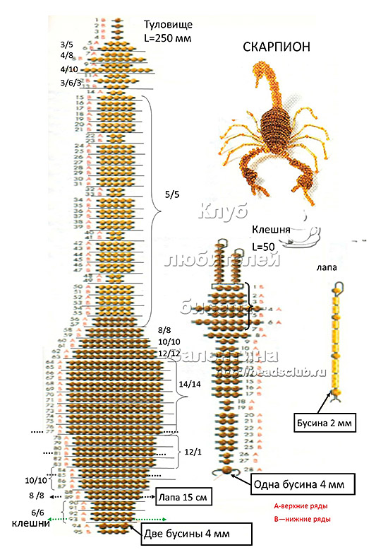 Объемный скорпион из бисера схема плетения